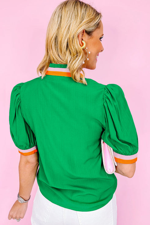 Southern Belle Colorful Trim V-Neck Puff Sleeve Blouse